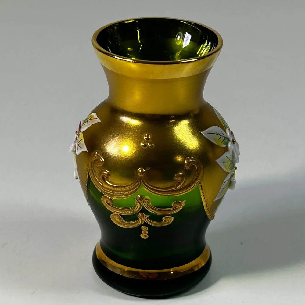 RTL Czechoslovakia Emerald Green Glass Bud Vase Gold Gilt Enamel Floral 3 Inch